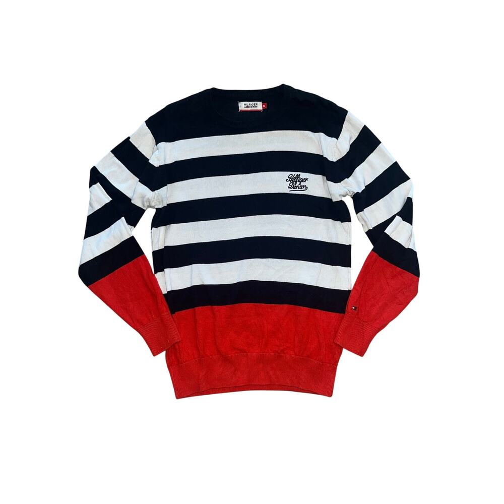 Tommy Hilfiger Denim Striped Knit Crewneck Sweater Navy White Red Size S